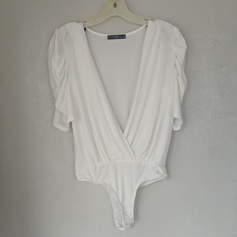 White Half Sleeve Bodysuit S Plunge V Neck Thong Ruffle Romantic Dainty Coquette